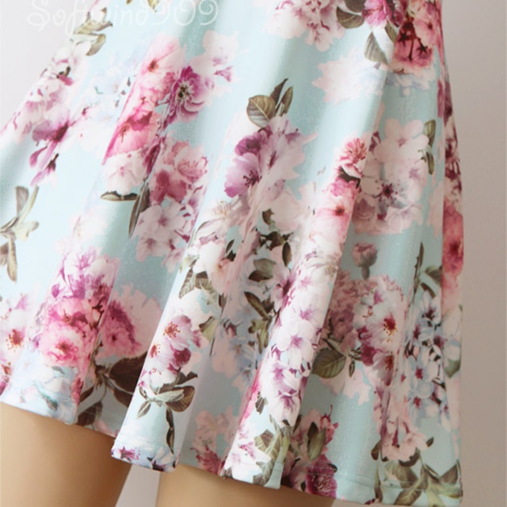 Last☝️ Ivory Blue Floral Plunge Lace Up CUTE Dress - Picture 5 of 8